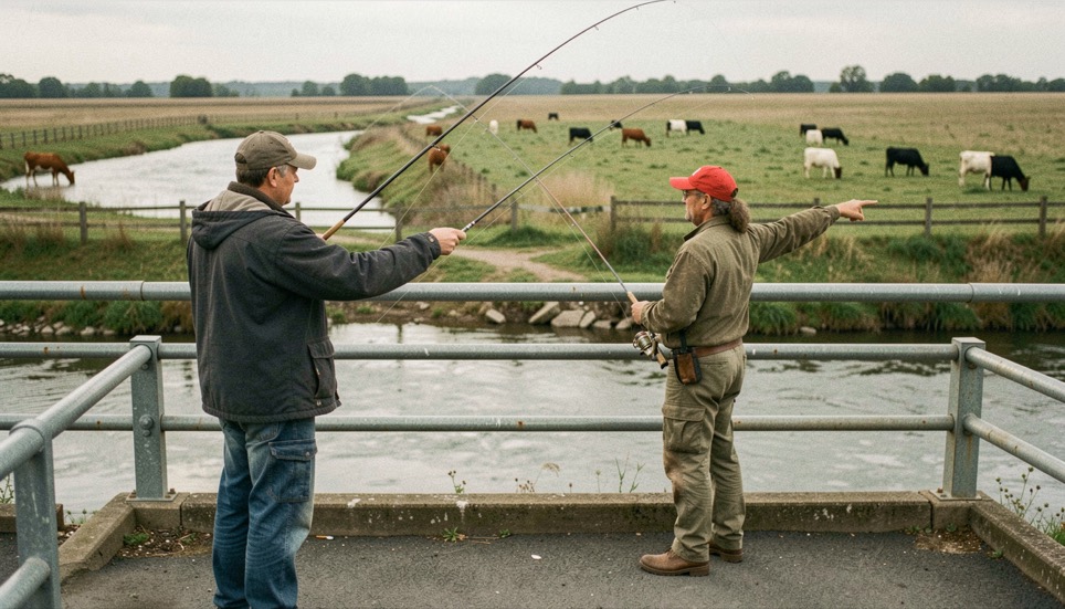 Two anglers talking quietly on a public bridge pullout with rods rigged, one pointing upstream while cattle graze the far bank beyond a fence