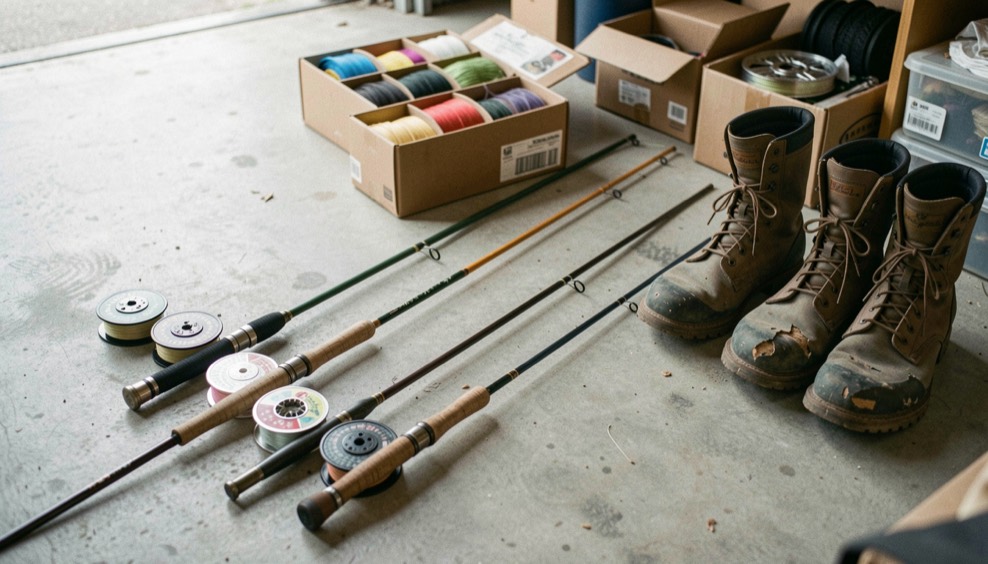 A late afternoon workbench in a Vermont barn workshop, a brass shelf clock movement laid open on a felt mat beside a loupe, a small oil bottle, and a paper repair tag, with low window light raking across the brass.