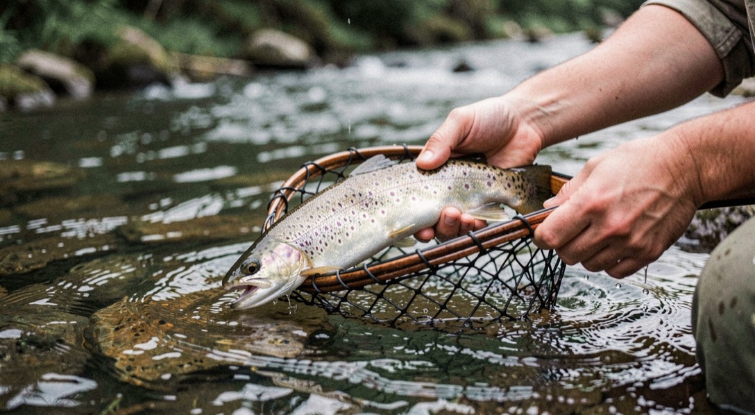 Trout held just under the surface in a rubber net with wet hands about to let it swim free back into river current