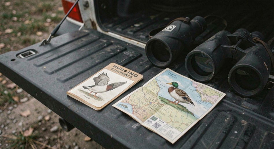 Hunting license and tag booklet laid on a tailgate next to a duck stamp, a folded unit map and a pair of binoculars at gray dawn