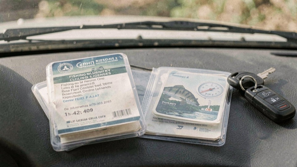 Fishing and hunting licenses kept flat in a clear plastic wallet beside a river gauge and a set of car keys on a dashboard