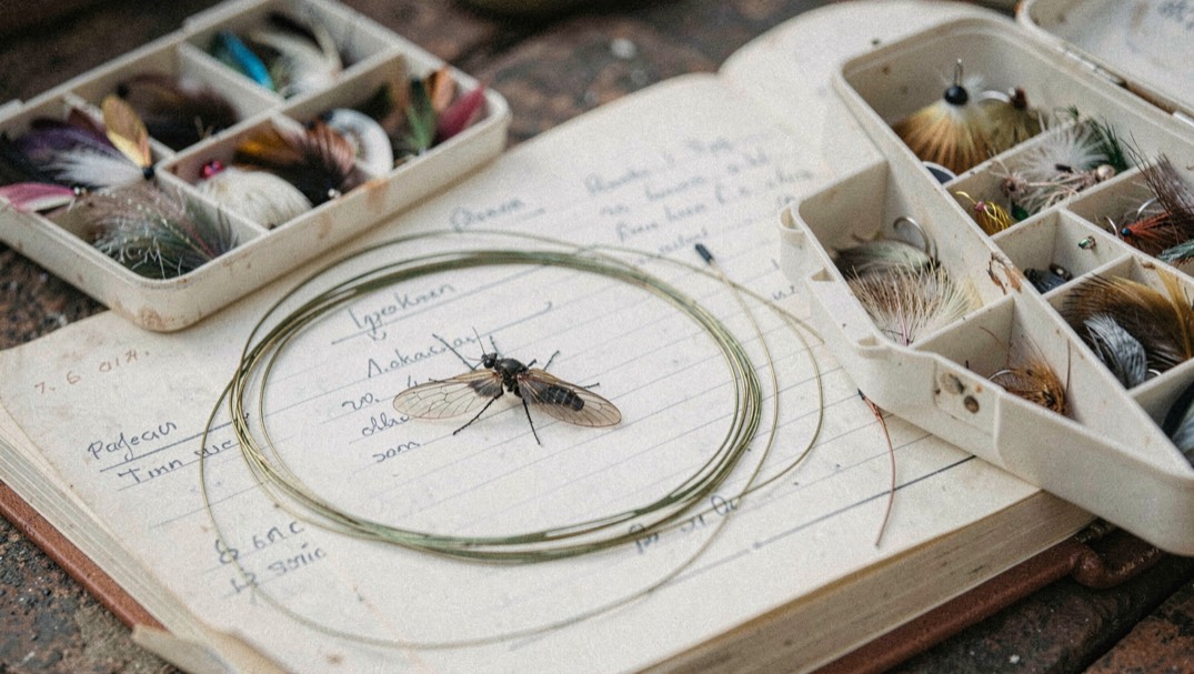 Mayfly dun resting on a fly line coiled across a fishing journal page beside an open fly box of dry patterns
