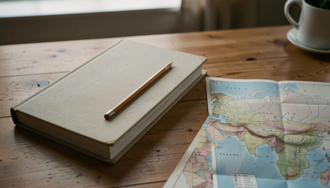 Closed canvas bound journal with a pencil laid across it beside a folded map on a quiet wooden desk in evening light