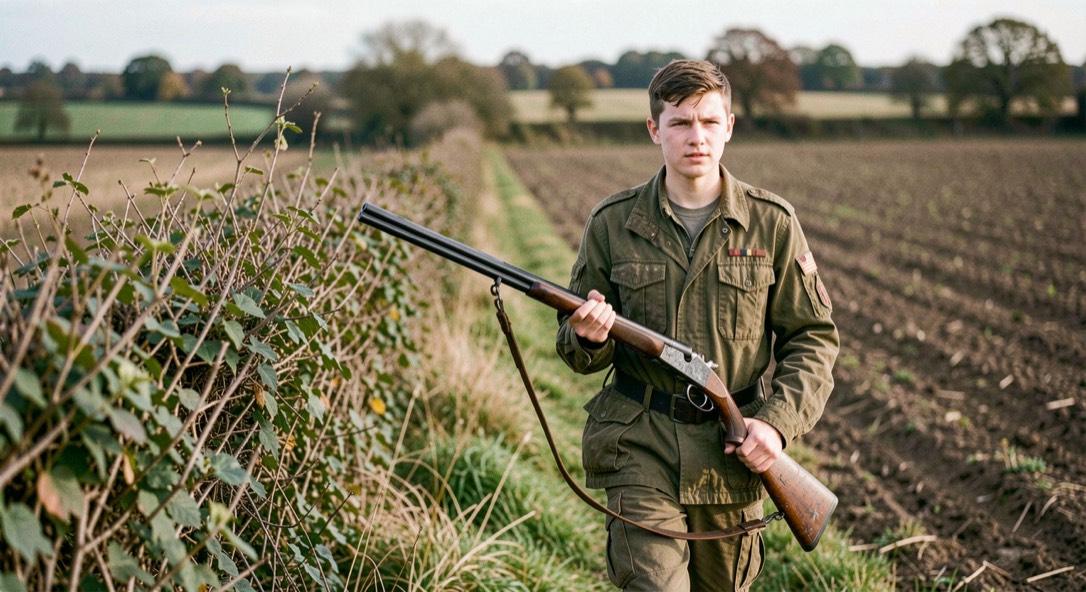 A retriever sitting steady at the line on a mowed grass field at first light, a handler standing behind with a shotgun broken open, decoys and a pond visible in the background, shot from a low side angle.
