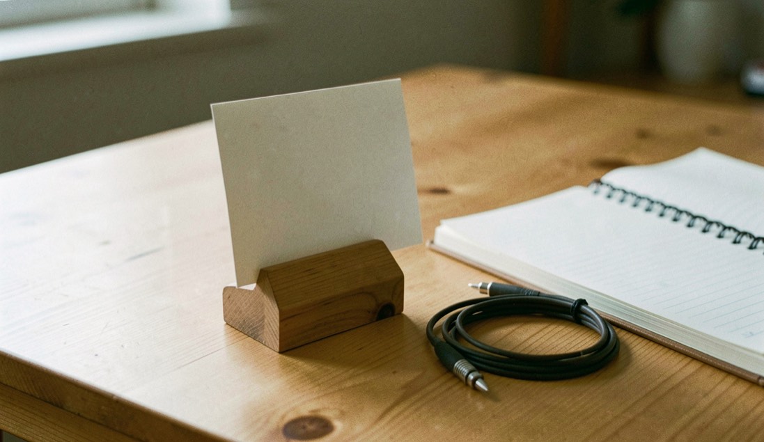 Clean wooden table with a blank card standing in a small holder beside a notebook and a coiled leader, nothing else on the table