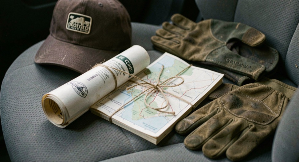 Rolled regulation booklet and a folded map tied with twine lying on a truck seat beside gloves and a cap at first light